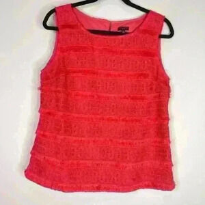 Talbots Coral Pink Orange Fringe Sleeveless Top Textured Blouse Size 10